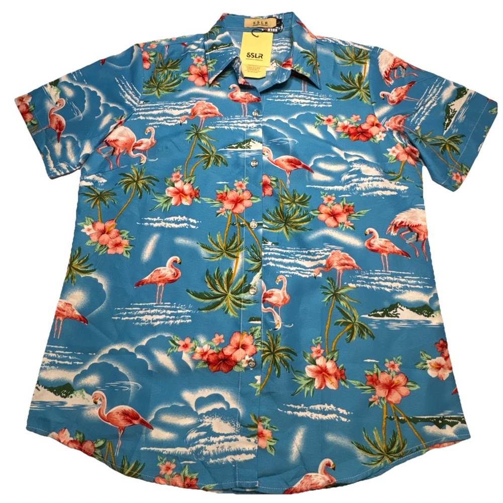 SSLR Womens‎ Flamingo Tropical Print Shirt Blue Short Sleeve Button Down L NEW